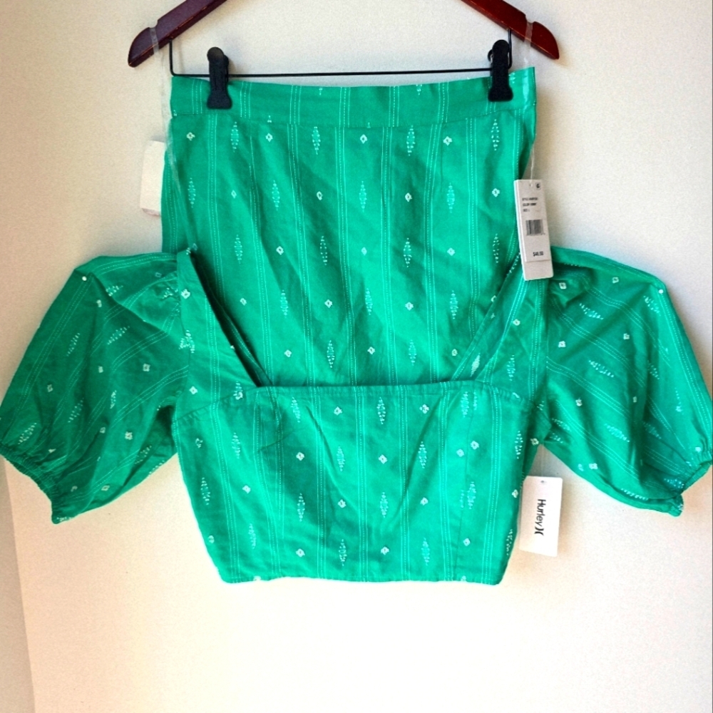 HURLEY Set Crop Top Blouse Puff Sleeve Mini Skirt Cotton Green Size L